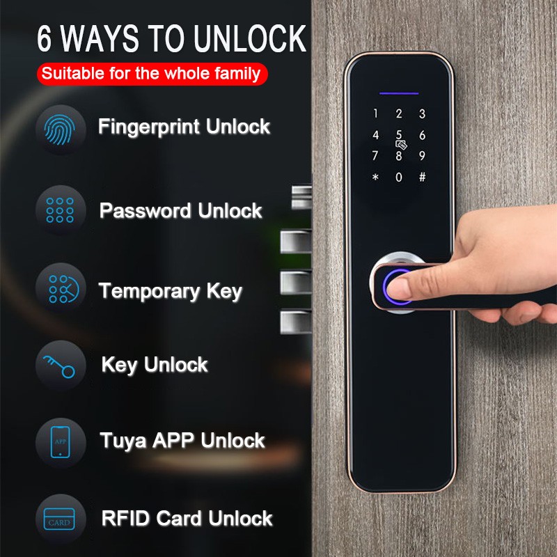 Tuya WiFi Electronic Smart Door Lock with Biometric Fingerprint/Smart Card/Password/Key Unlock/USB Emergency Charge