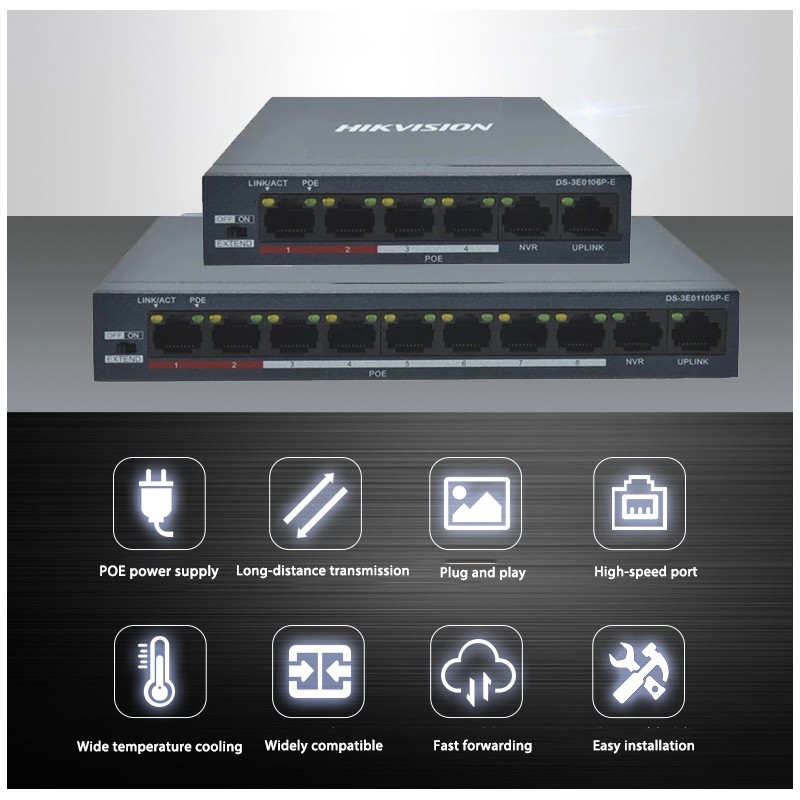 Hikvision 100Mbps Fast Ethernet Unmanaged PoE Switch DS-3E0106P-E(4POE+2CH) and DS-3E0110SP-E(8POE+2CH) RJ45 Port DC 48V Camera