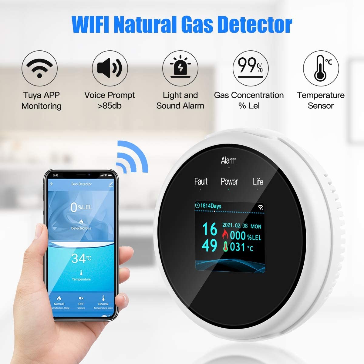 Smart Gas Leak Detector Tuya WiFi Smart Natural Gas Alarm Sensor LED Digital Gas Smoke Alarm Works with Smartlife