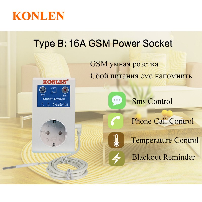 16A GSM SMS Smart Power Socket Outlet Temperature Sensor Controller Smart Plug Relay Switch Home Automation Remote Control