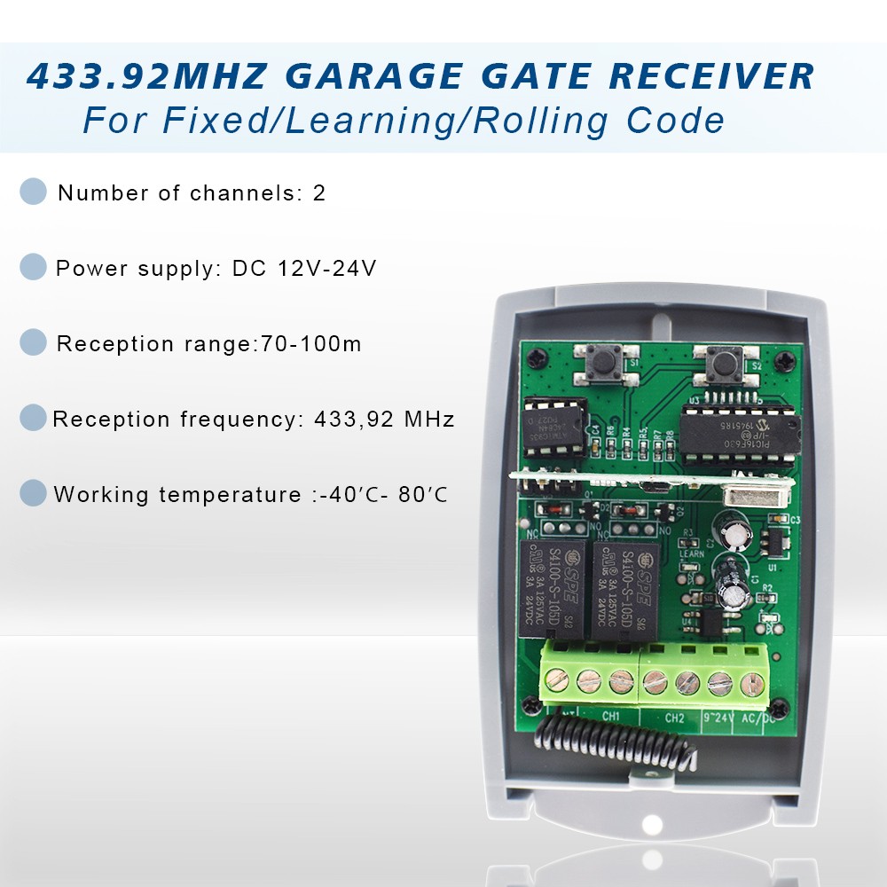 DC 12-24V Garage Door Receiver 433MHz 433.92MHz Gate Transmitter Receiver Rolling Code 2CH Receiver