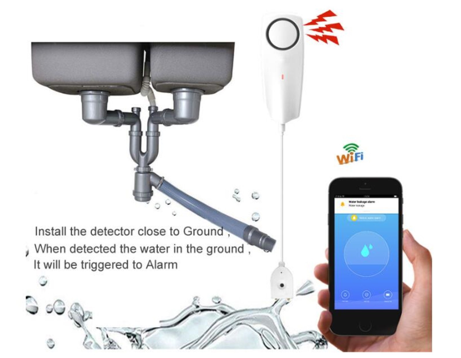 WiFi Wireless Liquid Leak Sensor Water Level Detector Leak Bypass Buzzer Tuya Smart Life APP Push Alarm