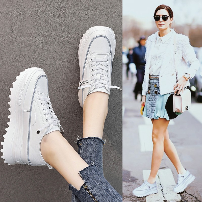 Fujin 5.5cm Genuine Leather Platform Chunky Wedge Shoes Sneaker White Casual Shoes Comfortable Breathable Spring Autumn Shoes