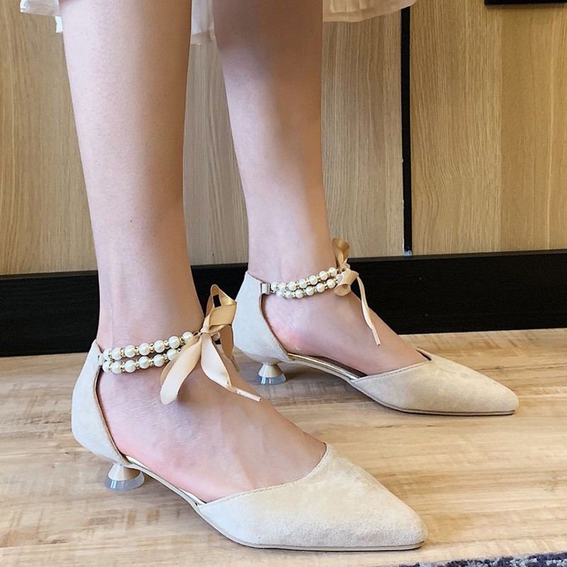Rimocy - Women's Beaded High Heels Fancy Dress Shoes Soft Pink Bow Pointed Toe Elegant Velvet Party Shoes