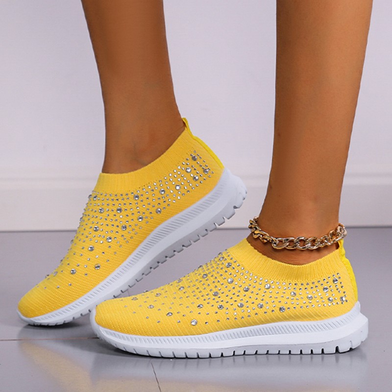 Lucifer Shiny Crystal Knitted Sneakers Women 2022 Spring Breathable Mesh Flats Woman Plus Size Slip On Running Shoes Casual Shoes 43