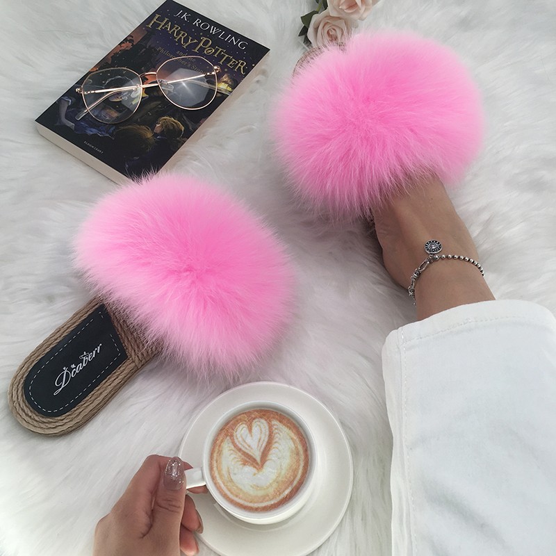 Real Fox Fur Slides Summer Women Faux Espadrilles Slippers Ladies Fluffy Flip Flops Luxury Furry Sandals Shoes 36 37 38 39 40