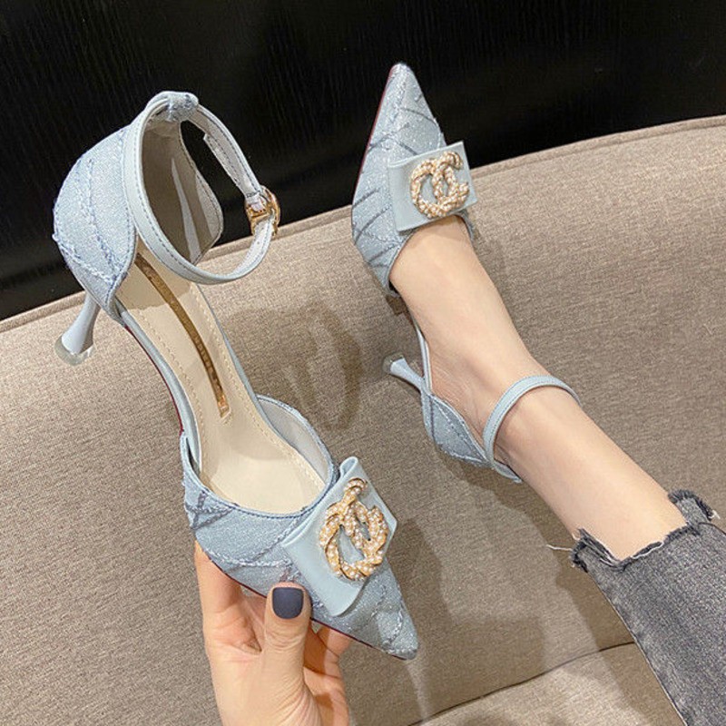 2022 Autumn Spring Women's Pumps New Pointed High Heels Thin Heel Sandals Woman Head Hollow Button Single Shoes