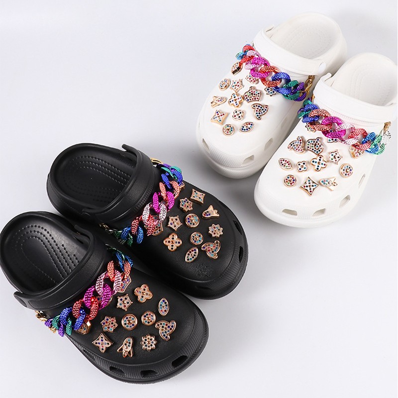 28pcs/lot Shoe Charms Designer Croc Charms Rhinestone Girl Gift Glow Clog Decaration Rainbow Metal Love Accessories Croc Jibz