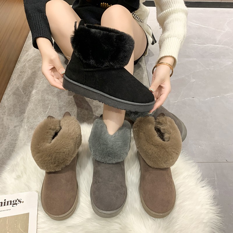 2022 Autumn Winter New Snow Cotton Shoes Cuffs Flat Bottom Short Boots Big Fur Black Warm Velvet Women Boots