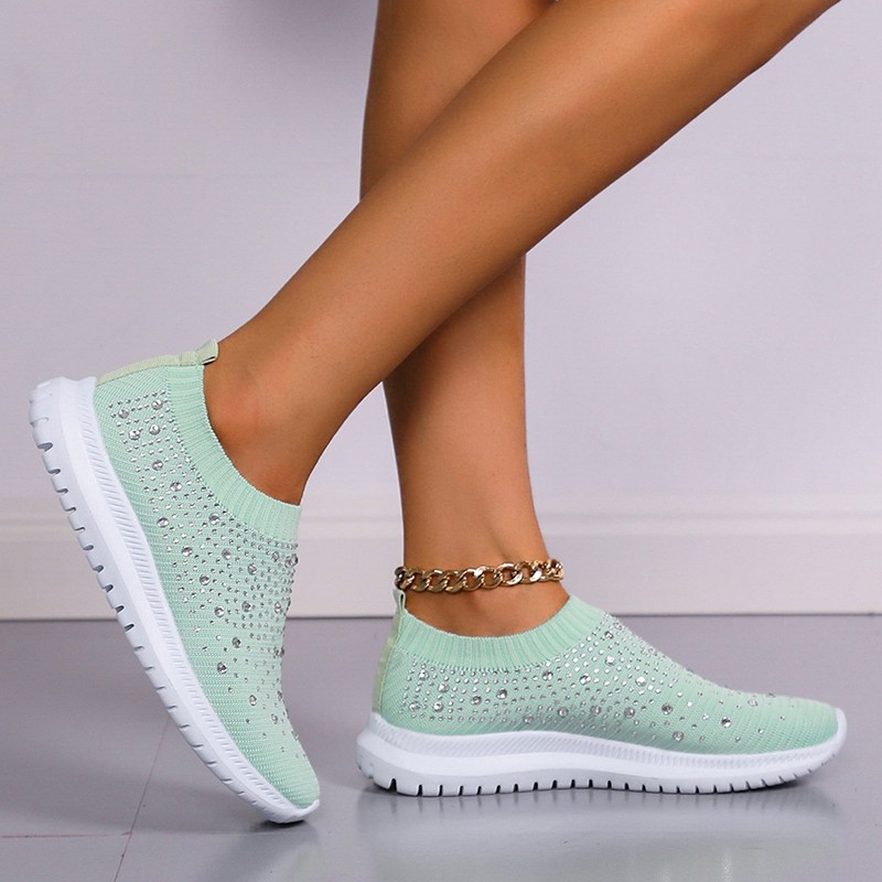 Rimocy Shining Crystal Flats Women Spring Breathable Knit Platform Sneakers Woman Comfortable Soft Bottom Non-slip Sneakers