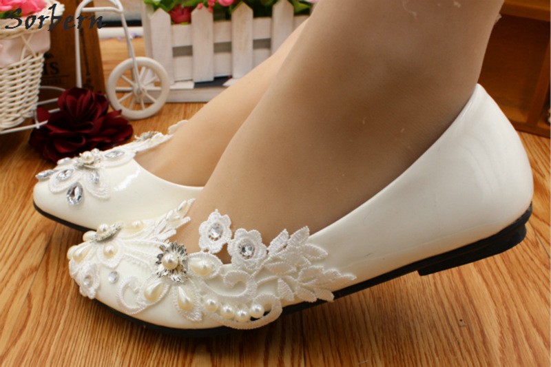 Sorbern Asymmetric Crystal Wedding Shoes Lace Appliques White Bridal Shoes Flat Heels Trendy Heels Closed Toe Heels Flat Shoes