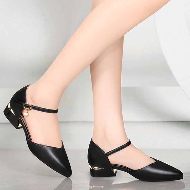 Comfortable Square Heels Office Ladies Work Shoes Soft PU Leather Low Heel Pumps Women Ankle Strap Classic Black Shoes Woman