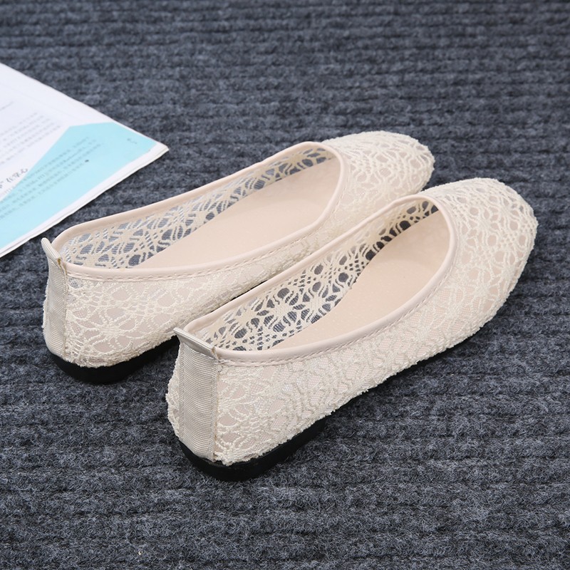 Women Transparent Lace Soft Flats Ladies Square Toe Sexy Black Boat Shoes Summer Breathable Beige Non-slip Flat Shoes 35-40