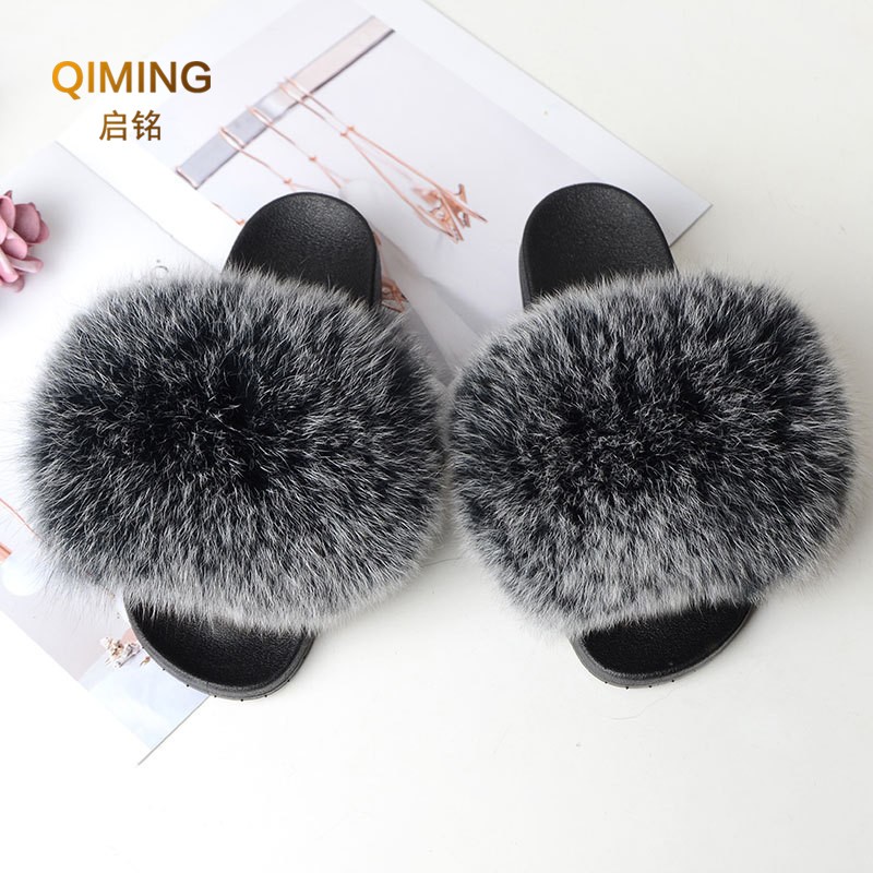 Women Summer Fluffy Fur Slippers Flat Non-slip Solid Real Furry Fur Slides Platform Shoes Plush Fur Sandals Flip Flops Women