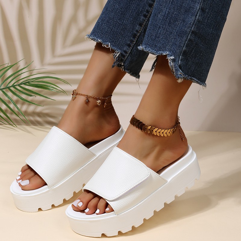 Rimocy Black PU Leather Platform Slippers Women Plus Size 43 Thick Soled Sandals Woman 2022 Summer Non-slip Slides Female Shoes