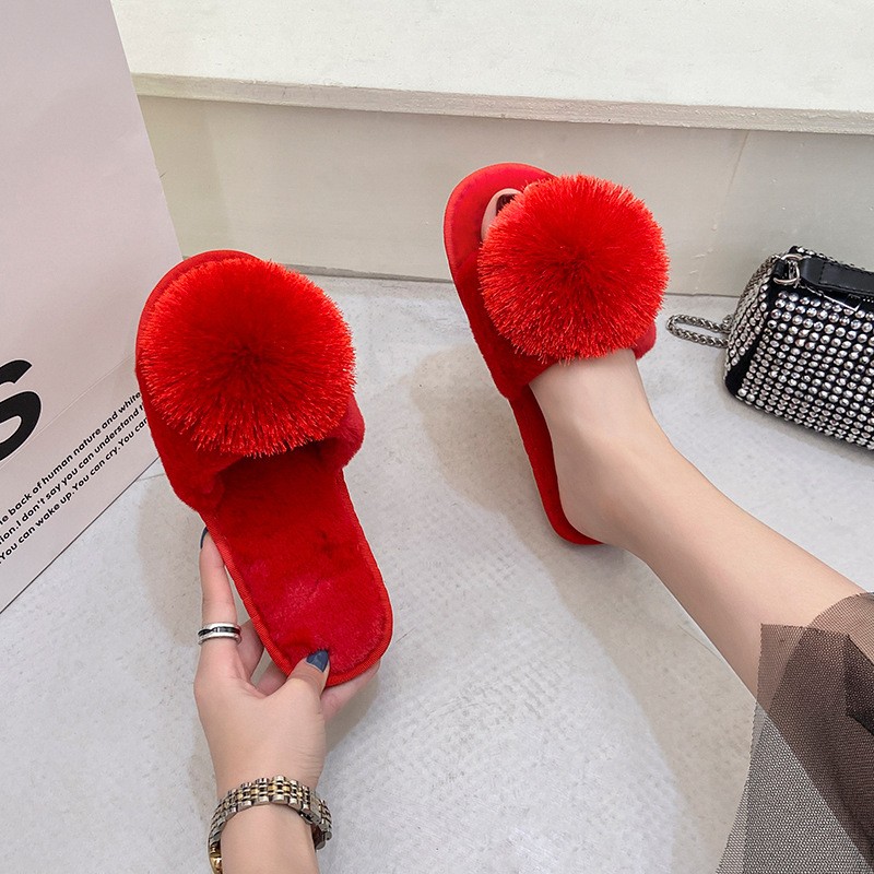 Women Fluffy Slippers 2021 Women's Fur Ball Flip Flops Non-slip Indoor Plush Floor Flat Slippers Open Toe Casual Cotton Slippers