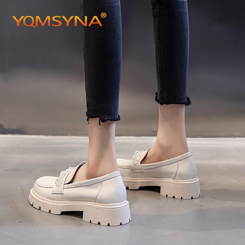 YQMSYNA Loafers Women Luxury Comfortable Thick Bottom Square Heel Round Toe Lady Shoes Fashion Appliques Party Pumps W02