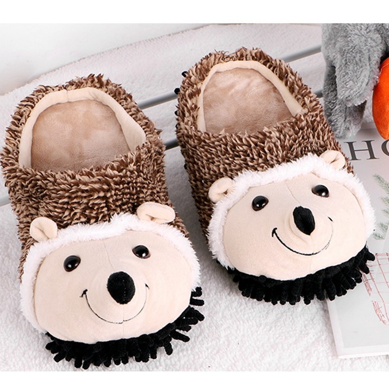 ASILETO-Winter Warm Slippers for Men and Women, Unisex Slippers, Round Toe, Cute Hedgehog, Large Size 35-43, Brown, Indoor Home F999