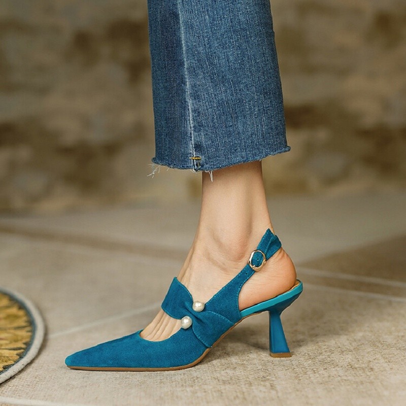 2022 Summer Women Shoes Sheep Suede Shoes Women Covered Toe Thin Heel Sandals Solid Slingback Women Shoes For Women Pearl Sandal