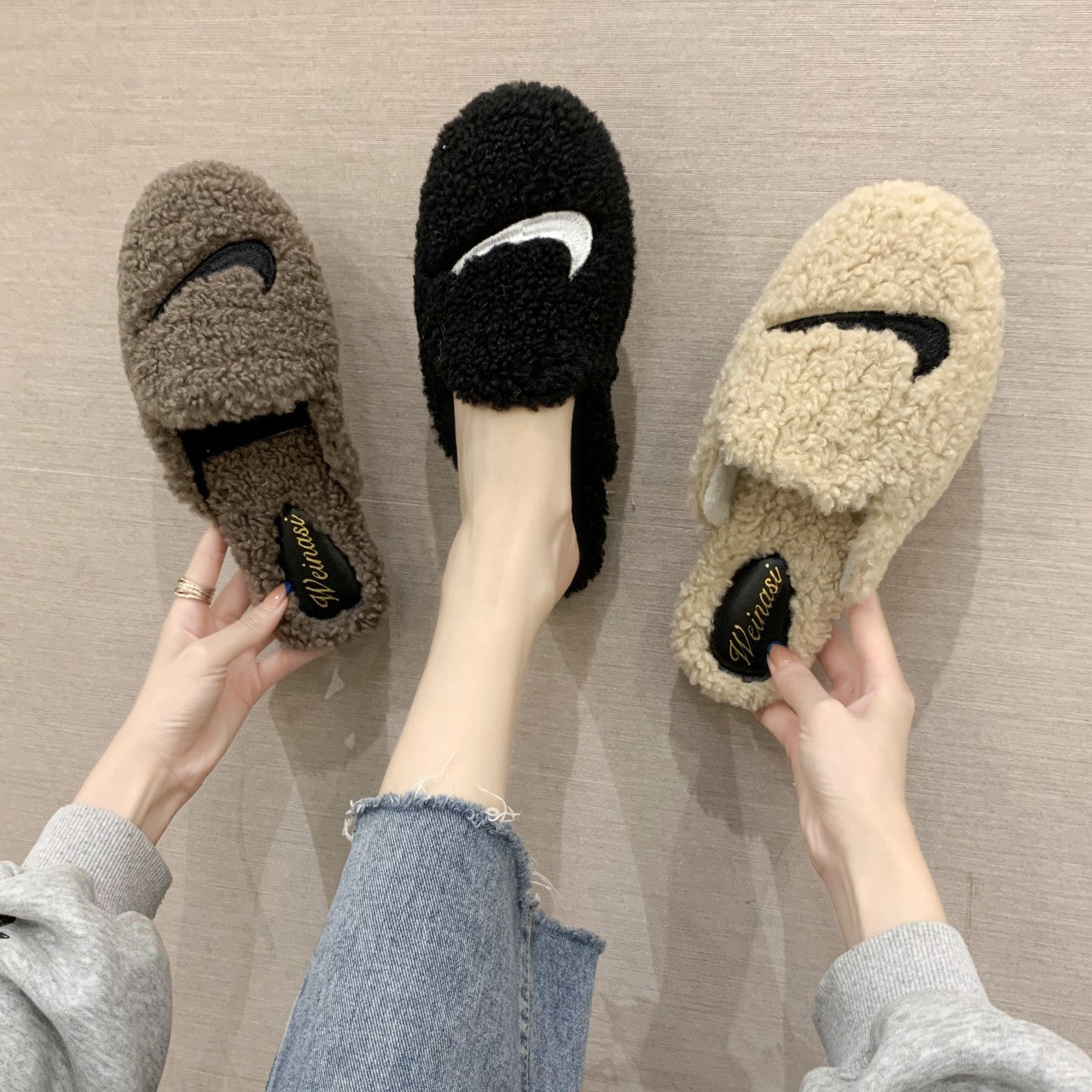 indoor women fluffy slippers winter soft slip on house crinkle fur slippers sunflower style non-slip short plush flat shoes