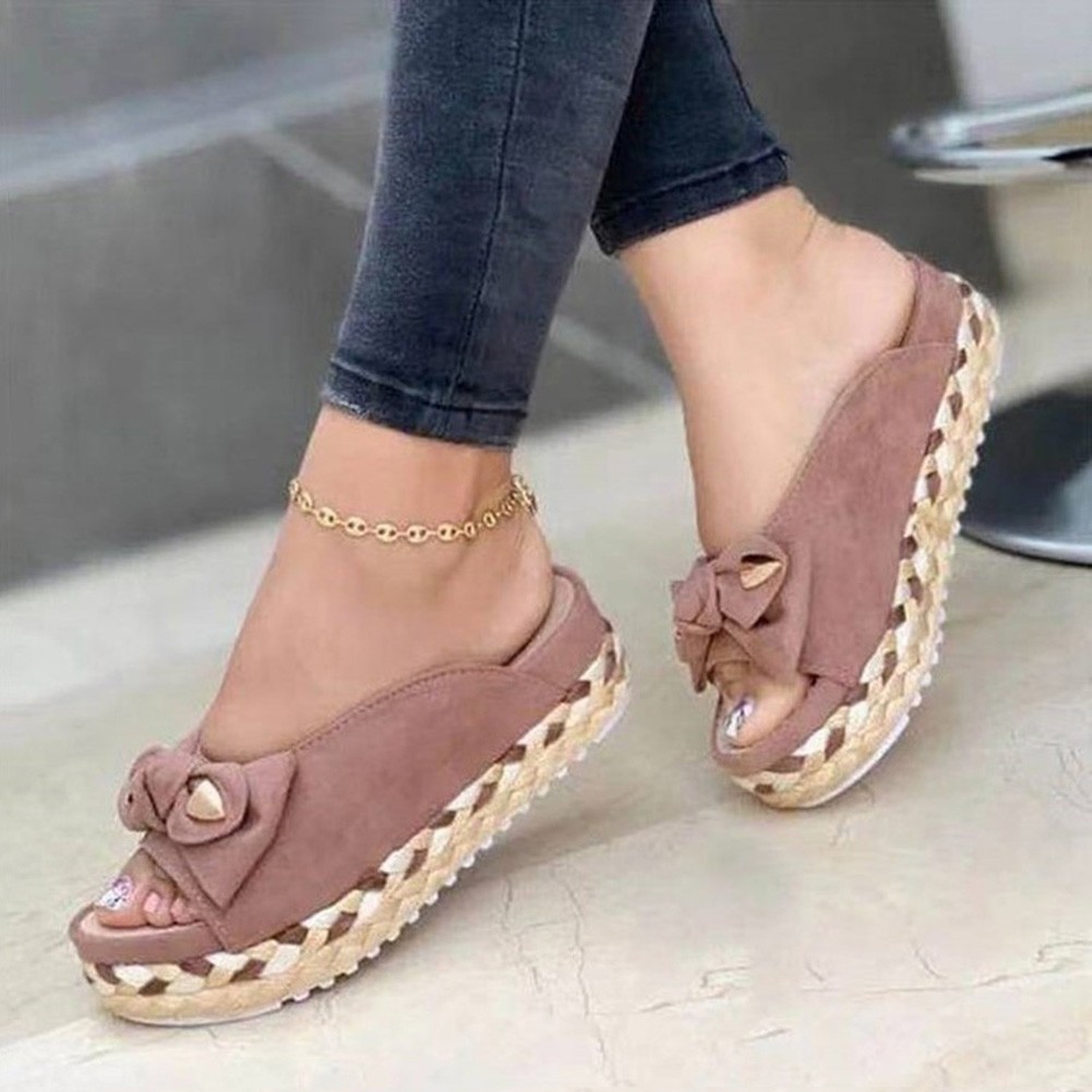 Women Bowknot Slippers Braided Straps Outdoor Sandals Thick Bottom Casual Open Toe Flat Shoes Female Straw Woven Soft Slippers