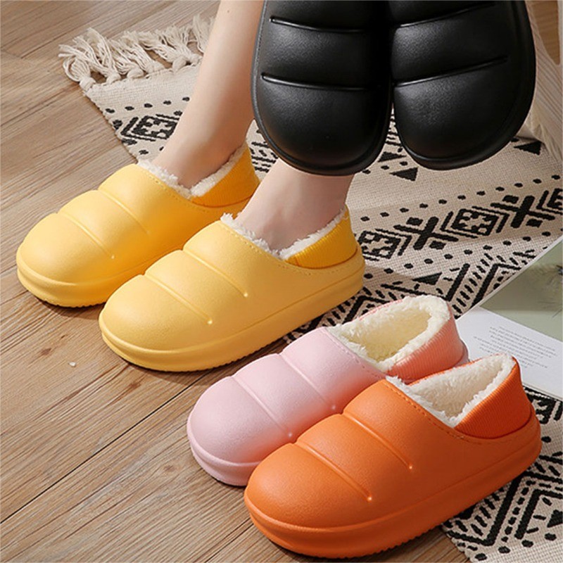 Winter Women Fur Slippers Waterproof Warm Plush Household Slides Indoor Home Thick Sole Shoes Non-slip Solid Couple Sandals