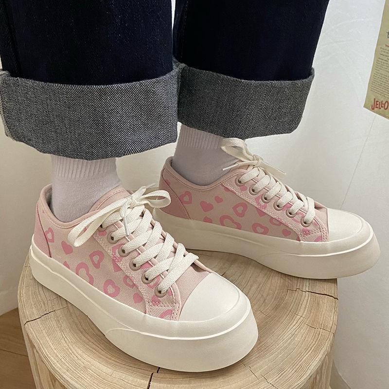 Fashion 2022 Pink Heart Print Canvas Sneakers Spring Zapatillas Mujer Students Daily Shoes Woman Vulcanize Shoes