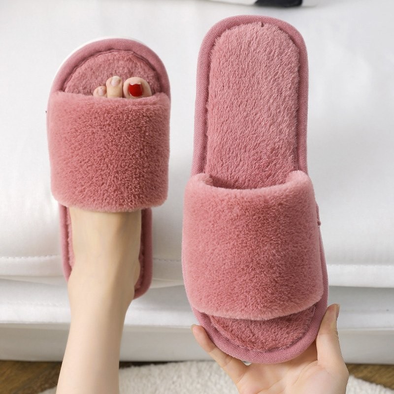 2021 Fashion Soft Fur Slippers Slides Home Indoor Floor Shoes Solid Volvi Slippers for Bedroom Open Toe Comfortable Shoes Women Gray