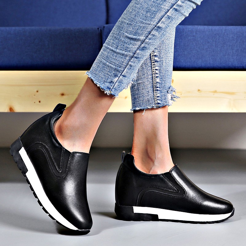 Fashion Women Chunky Slip-on Solid Shoes Increase Comfort Platform Shoes Woman Outdoor Casual Non-slip Ladies Leather Shoes