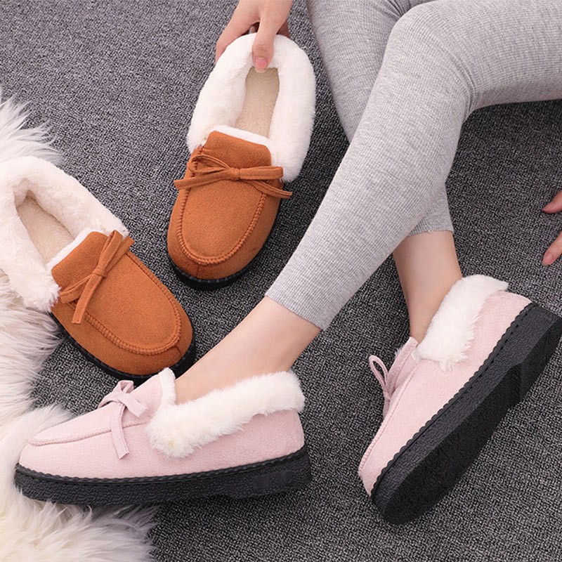 Women Slippers Winter Bow Tie Plush Warm Shoes Inside Loafers Indoor Slippers Ladies Ladies Slip On Shoes Chaussure Femme Women Shoes Non-leather Casual Shoes Women's Shoe Brand