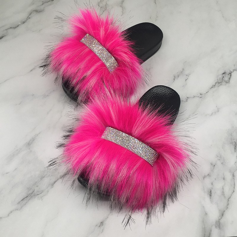 Home Slippers Women Thin Slippers Luxury Summer Faux Fur Slippers Furry Slides Shoes For Women With Rhinestones Slipper 2022