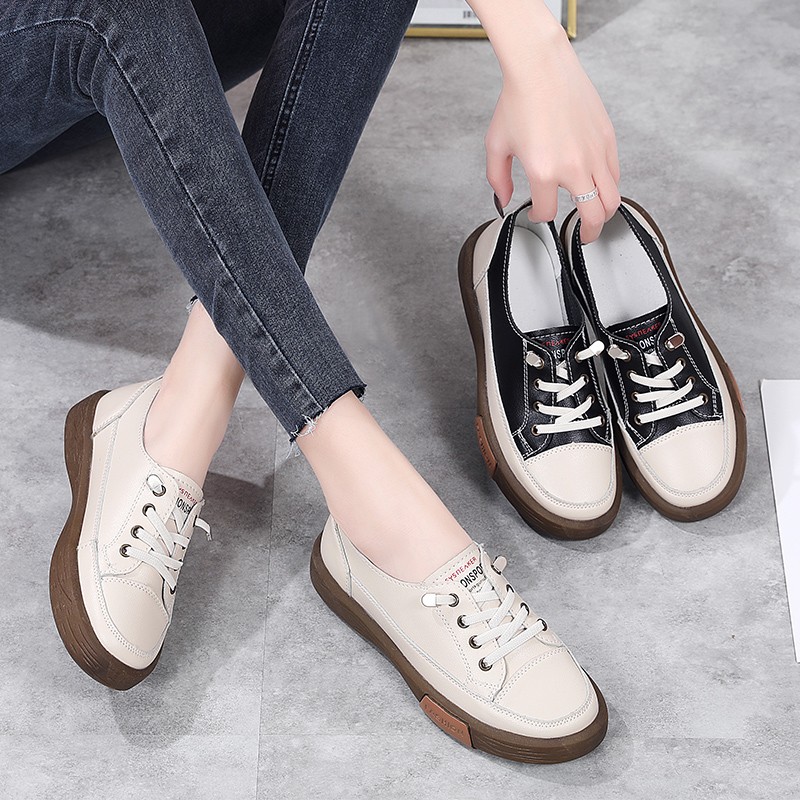 Sneakers Women Natural Genuine Leather Flat Casual Shoes Female Ballet Flats Lace Up White Soft Sole Sneakers Ladies Flats