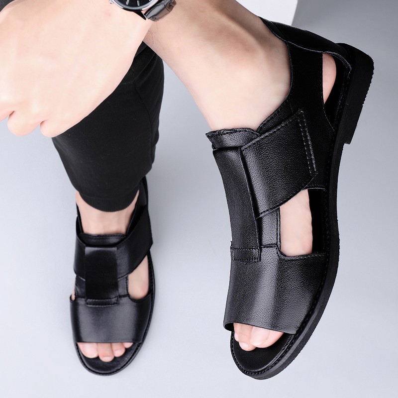 Summer Men's Genuine Leather Sandals New Design Fashion Casual Black Slip On Leather Sandals Man Sandals Men Flats