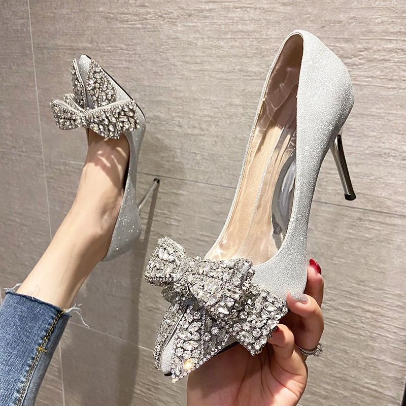 Rimocy 2022 Luxury Silver Crystal Bowknot Women Pumps Sexy Stiletto Heel Wedding Party Shoes Woman Pointed Toe Thin High Heels