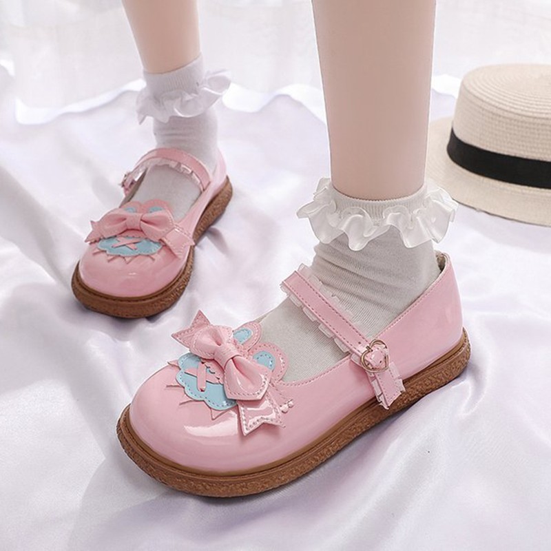 Rimocy Sweet Bowtie Mary Jane Shoes For Women Patchwork Lace Ankle Strap Flats Woman Patent Leather Lovely Lolita Platform Shoes