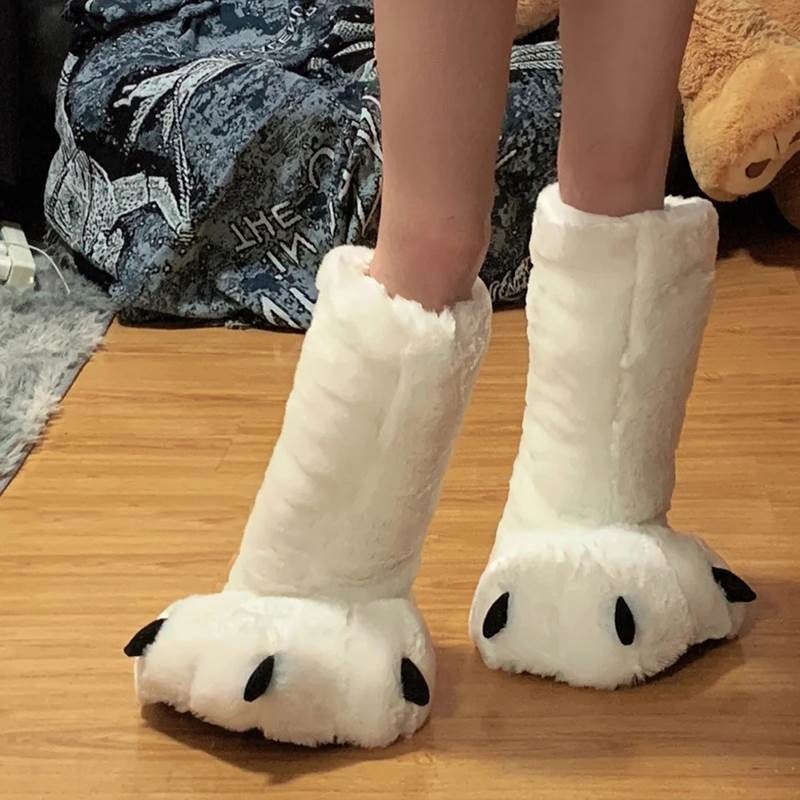 Women Creative Cute Plush Bear Paw White Long Tube Cotton Shoes Couple Indoor Winter Home Warm Cartoon Non-slip Fuzzy Slippers