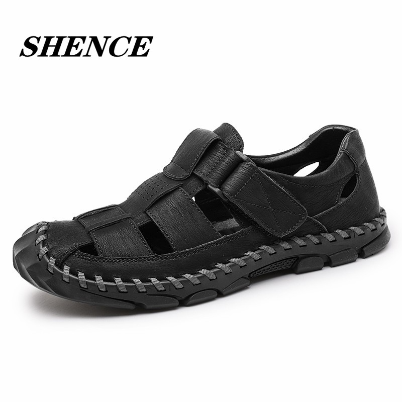 SHENCE Men's Fashion Sandals Plus Size Soft Cowhide Summer Fashion Casual Trend Breathable Non-slip Rubber Men Walking Shoes