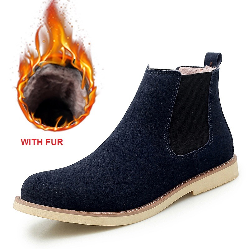 Chelsea Mens Boots 2021 Winter Fur Warm Ankle Blue Slip On Boots High Quality Genuine Leather Man Leisure Boots Male Botas