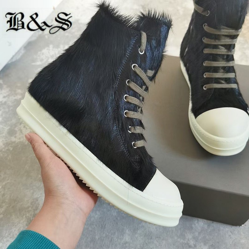 High quality black fur street leather custom PU lace-up boots