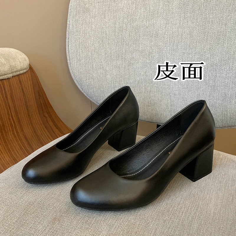 New Soft Leather Pumps Women Basic Spring Square High Heel Office Career Comfortable Shoes Plus Size 43 44 45 For Lady S0001