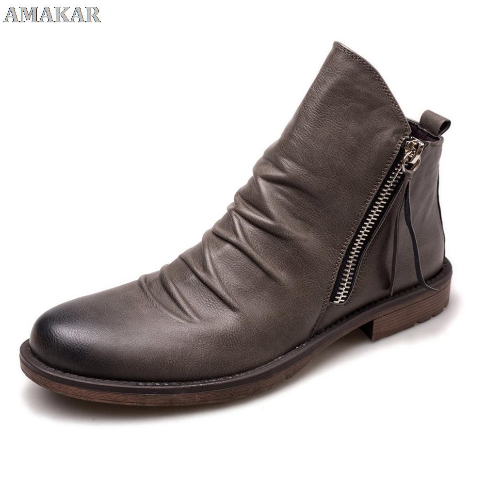 Vintage British Men's Leather Casual Shoes Round Toe Double Zip Ankle Boots Spring Autumn Business Dress Chelsea Boots Fashion