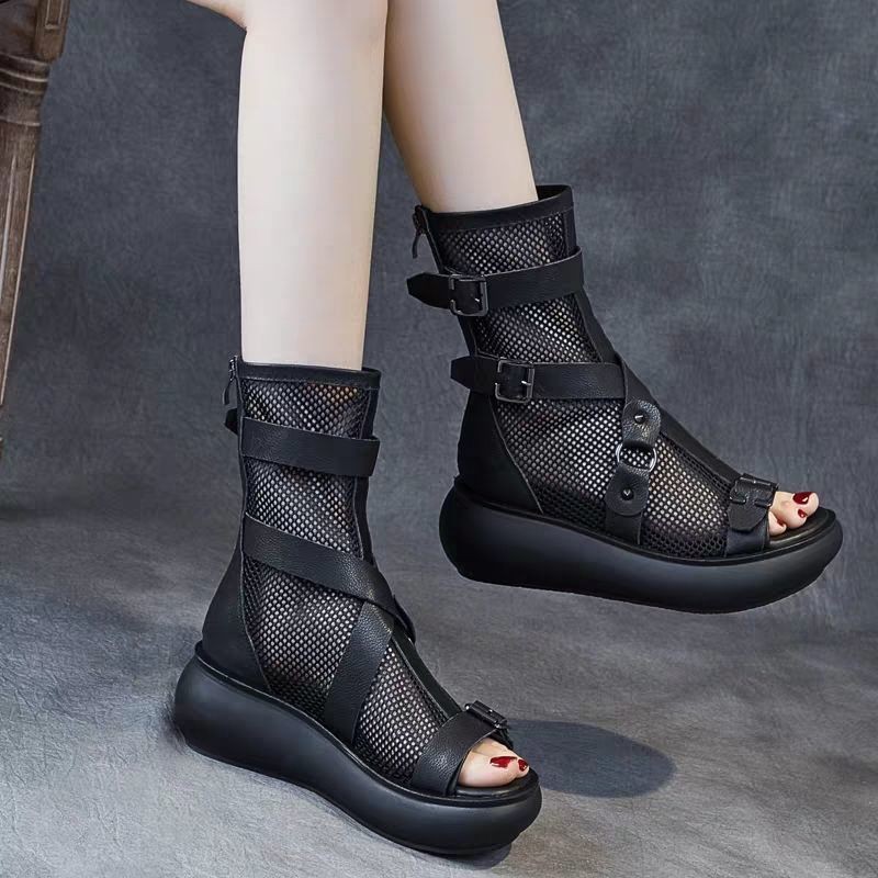 2021 spring new Korean women's shoes thick-soled sandals shoes high-top gauze British sandals