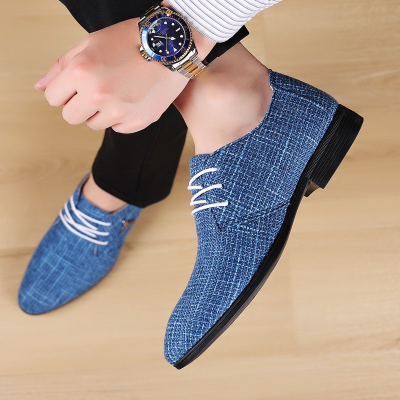 Men's classic business shoes man dress shoes fashion korea pointed toe lace-up formal wedding shoes men blue hemp 2021 new