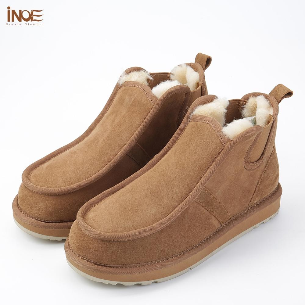 INOE Real Sheepskin Suede Men Sheep Wool Fur Lined Winter Short Ankle Snow Boots With Zipper Keep Warm Waterproof Boots