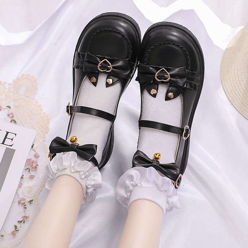 Rimocy Lovely Heart Buckle Lolita Shoes Women Ankle Strap Sweet Lace-up Woman PU Leather Comfot Soft Sole Mary Jane Shoes