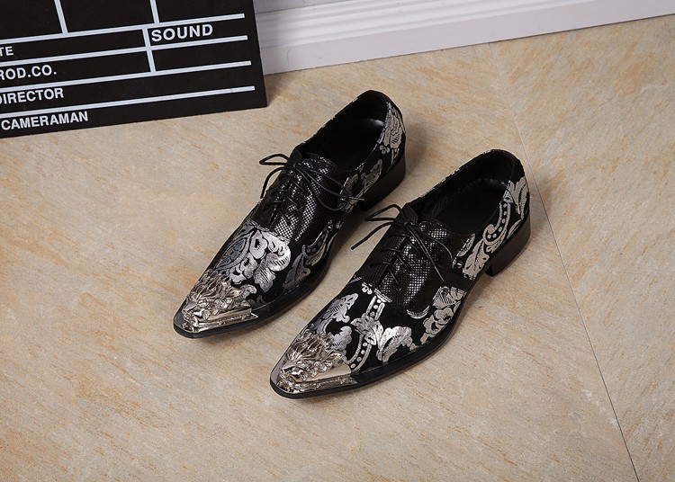 Trendy Silver Black Printing Leather Wedding Shoes Men Business Leisure Party Dress Shoes Men Metal Luxury Pointed Toe Shoes