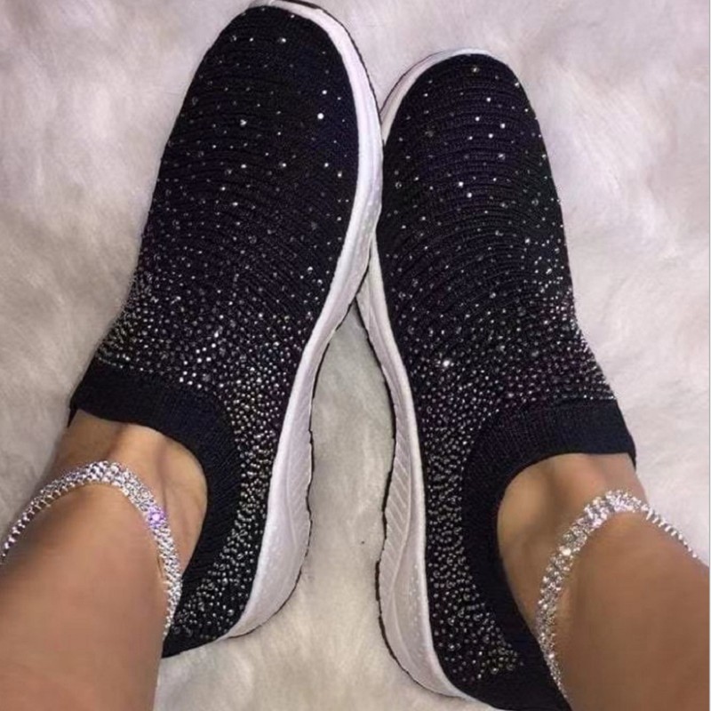 Running Flat Women's Shoes Breathable Mesh Fashion Bling Hot Drill Ladies Trainers Outdoor Slip On Plus Size 35-43 Women Shoes