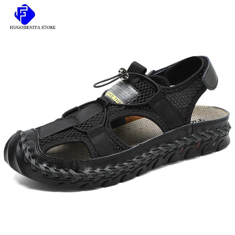 2022 Summer New Men's Handmade Mesh Sandals Brand Classic Black Beach Sandals Fashion Casual Sports Outdoor Slippers Big Size