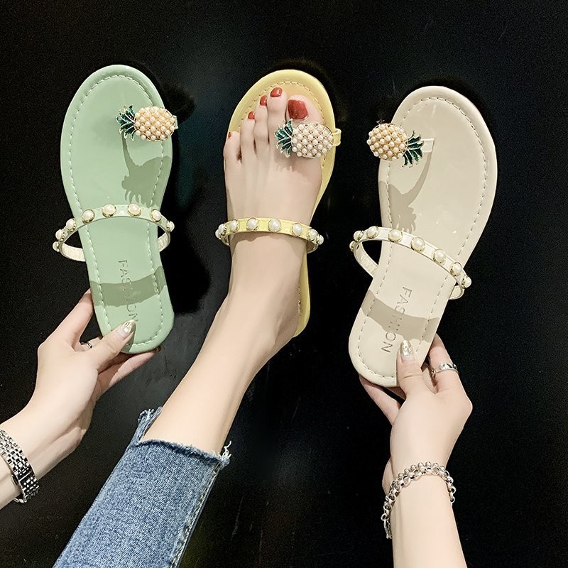 Women's shoes 2021 summer new women's shoes fashion pearl pineapple sandals women flat bottom all over toe women's beach slippers