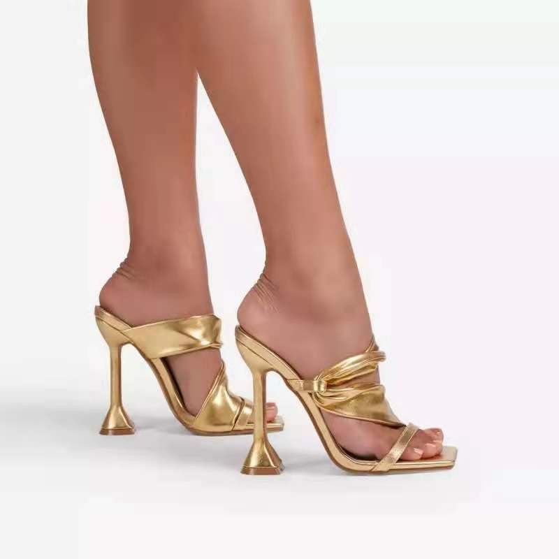 2022 summer high heel slippers women's wine cup with square head 43 large gold open toe black fashion women's sandals